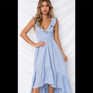 NLW Blue Pinstripe Ruffle Tie Back Dress. NWT. Size large.